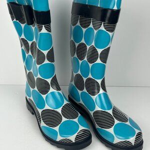 Weather Spirits Rain Boots Size 8 Blue Black Rubber Pull On Low Block Heel 1.3in